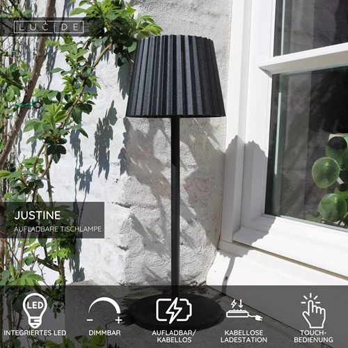 Lucide JUSTINE - wiederaufladbare Tischlampe Innen/Außen - Akku/Batterie - LED Dim. - 1x2W 2700K - IP54 - Mit kabelloser Ladestation - Schwarz - USP